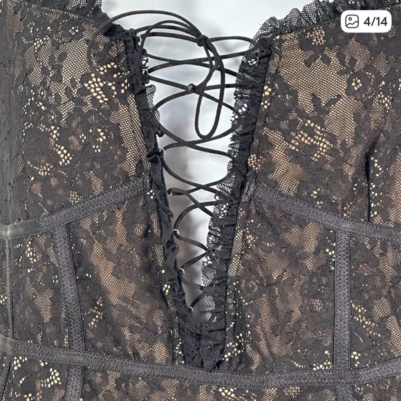 For Love & Lemons Fontaine Corset Bodysuit XL NWT Lace Black & Nude Tie Front - Picture 4 of 7